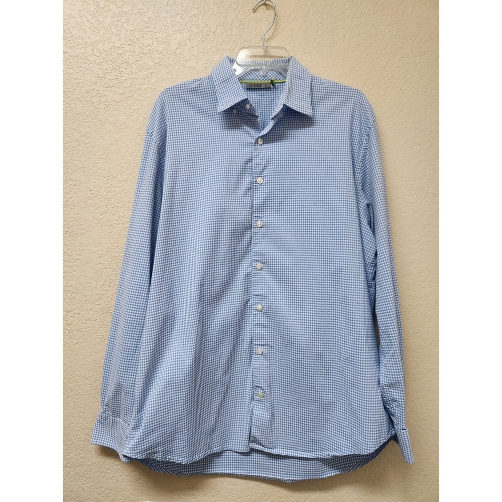tasc Men's XL Shirt Blue White Gingham Plaid Bamboo Viscose Cotton Long Sleeve